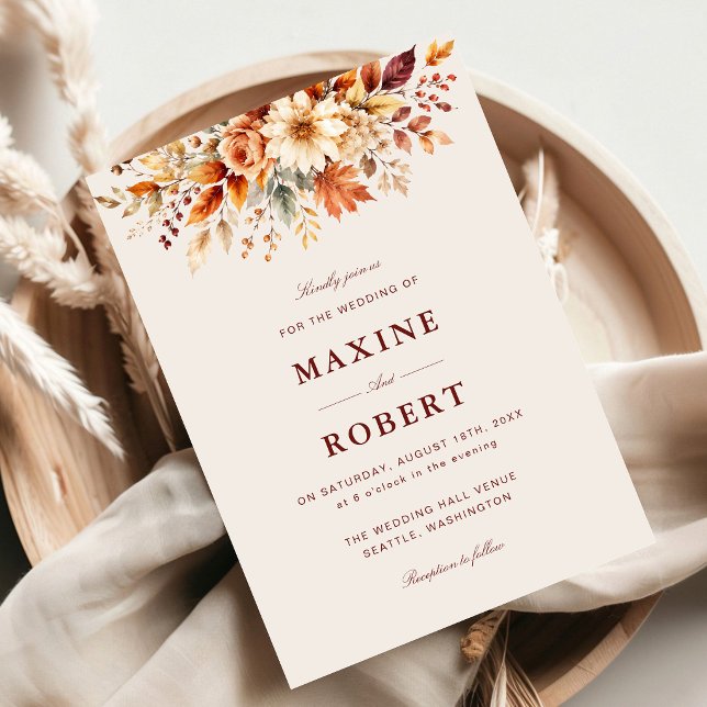Invitation Mariage Aquarelle Botanique Feuilles D'automne (Fall leaves botanical watercolor invitation creates a warm, memorable wedding welcome.)