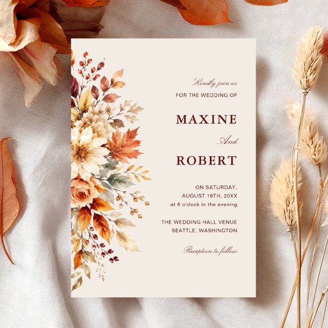 Invitation Mariage aquarelle botanique feuilles d'automne (Fall leaves botanical watercolor invitation brings cozy autumn charm to your wedding.)