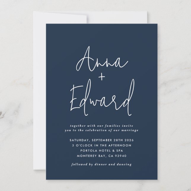 Invitation Mariage aquarelle botanique floral bleu marine (Devant)