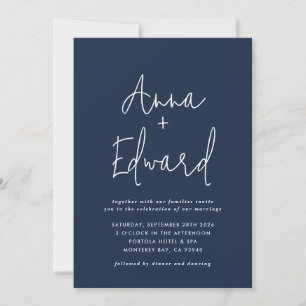 Invitation Mariage aquarelle botanique floral bleu marine