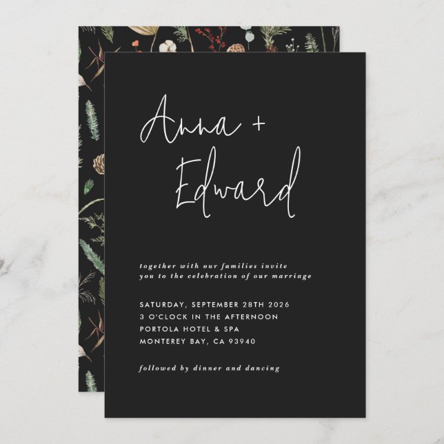 Invitation Mariage aquarelle botanique floral noir moderne (Devant / Derrière)
