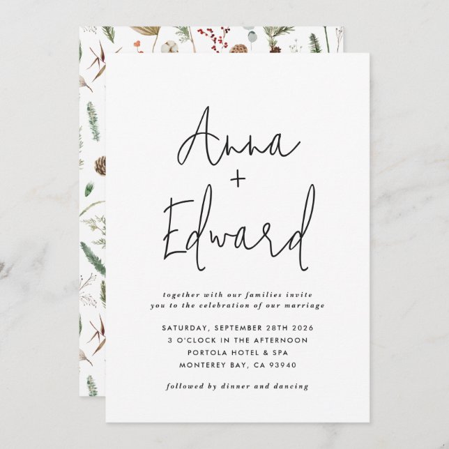 Invitation Mariage aquarelle botanique floral noir moderne (Devant / Derrière)