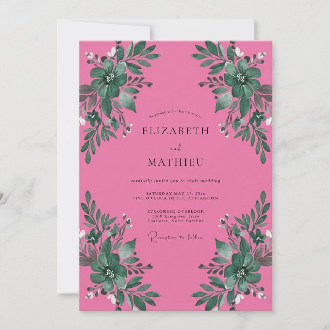 Invitation Mariage aquarelle botanique fuchsia (Devant)