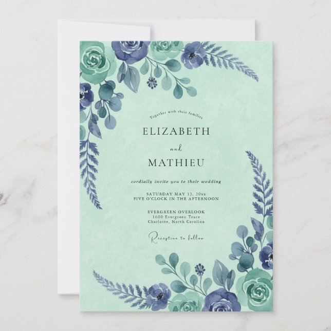 Invitation Mariage Aquarelle Botanique Indigo Menthe (Devant)