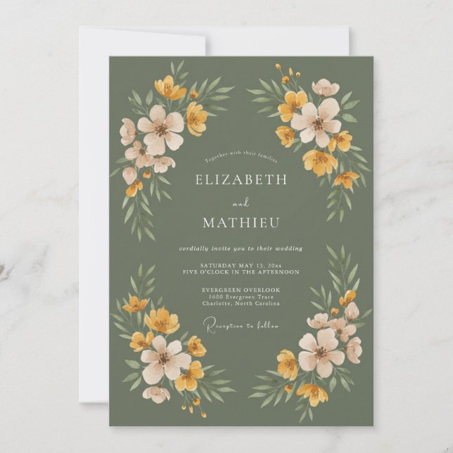 Invitation Mariage Aquarelle Botanique Jaune Sauge (Devant)