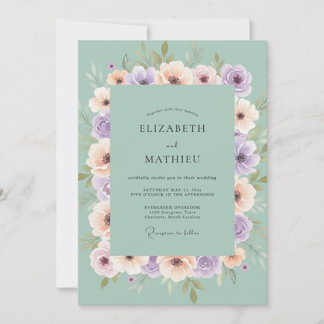 Invitation Mariage Aquarelle Botanique Lave Lavande (Devant)