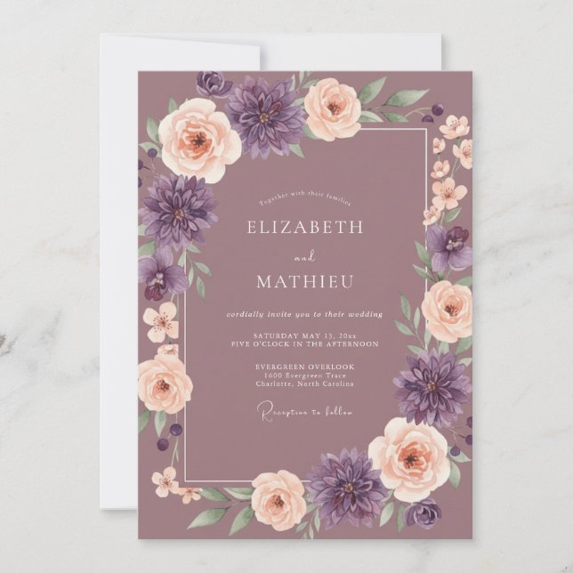 Invitation Mariage Aquarelle Botanique Mauve Blush (Devant)