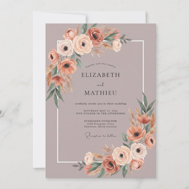 Invitation Mariage Aquarelle Botanique Mauve Corail (Devant)