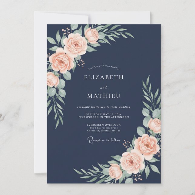 Invitation Mariage aquarelle botanique pêche de minuit (Devant)