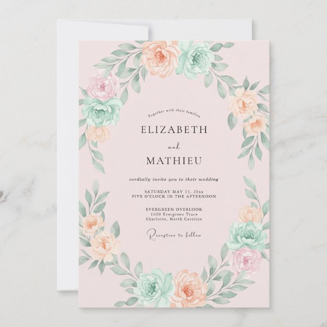 Invitation Mariage aquarelle botanique pêche douce (Devant)