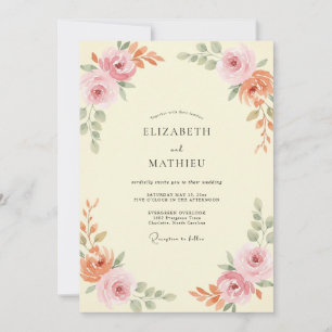 Invitation Mariage Aquarelle Botanique Pêche Jaune Pâle
