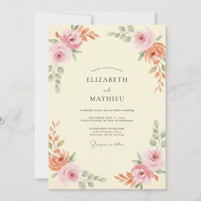 Invitation Mariage Aquarelle Botanique Pêche Jaune Pâle (Devant)
