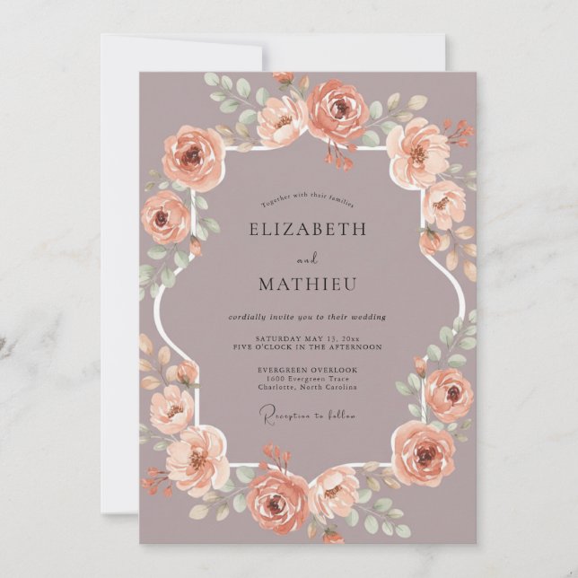 Invitation Mariage aquarelle botanique pêche mauve (Devant)