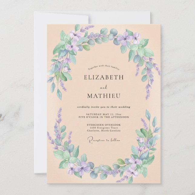 Invitation Mariage aquarelle botanique pêche pourpre (Devant)