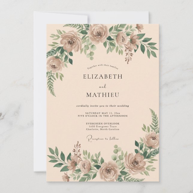 Invitation Mariage Aquarelle Botanique Rose Atténué (Devant)