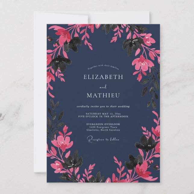 Invitation Mariage aquarelle botanique rose Navy (Devant)