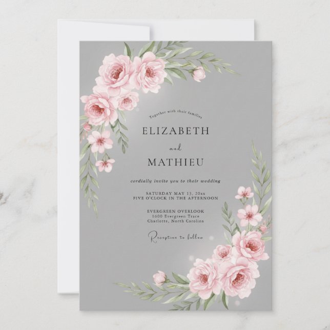 Invitation Mariage Aquarelle Botanique Rose Pâle (Devant)