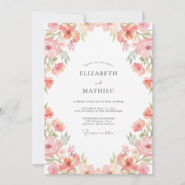 Invitation Mariage aquarelle botanique Rose Pêche (Devant)