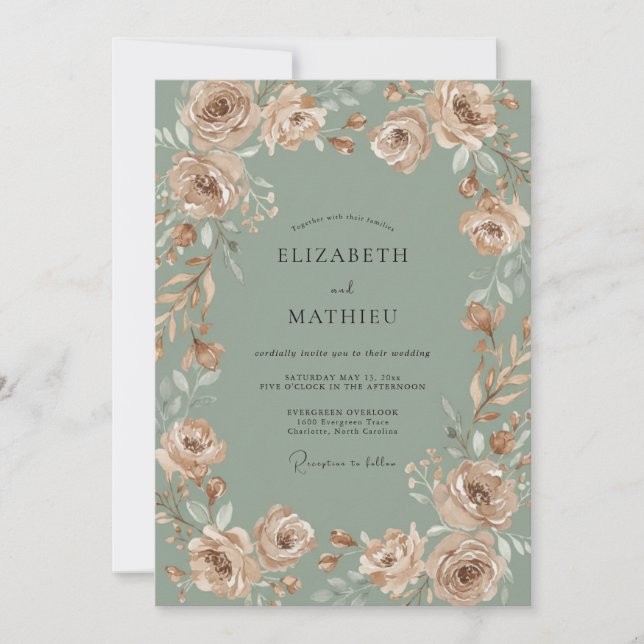 Invitation Mariage Aquarelle Botanique Rose Sage (Devant)