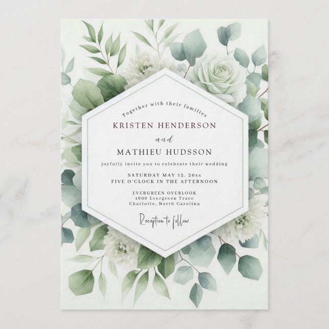 Invitation Mariage Aquarelle Botanique Sage (Devant)