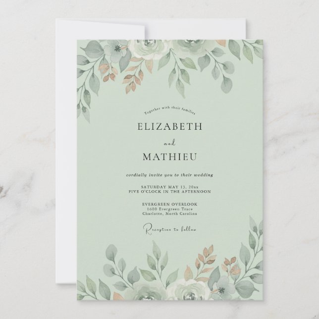 Invitation Mariage Aquarelle Botanique Sauge Menthe (Devant)