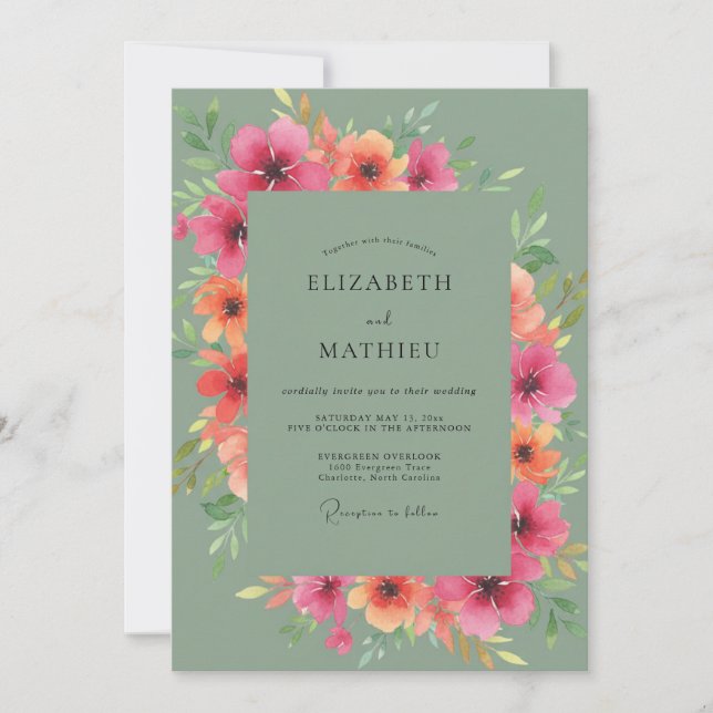 Invitation Mariage Aquarelle Botanique Sauge Rose (Devant)