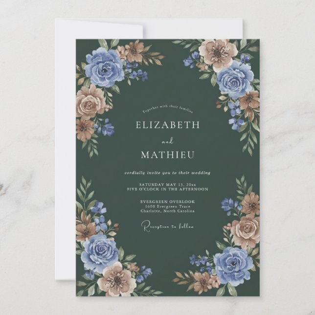 Invitation Mariage aquarelle botanique vert foncé mauve (Devant)