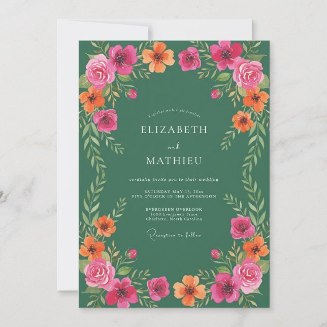 Invitation Mariage aquarelle botanique vert forêt (Devant)