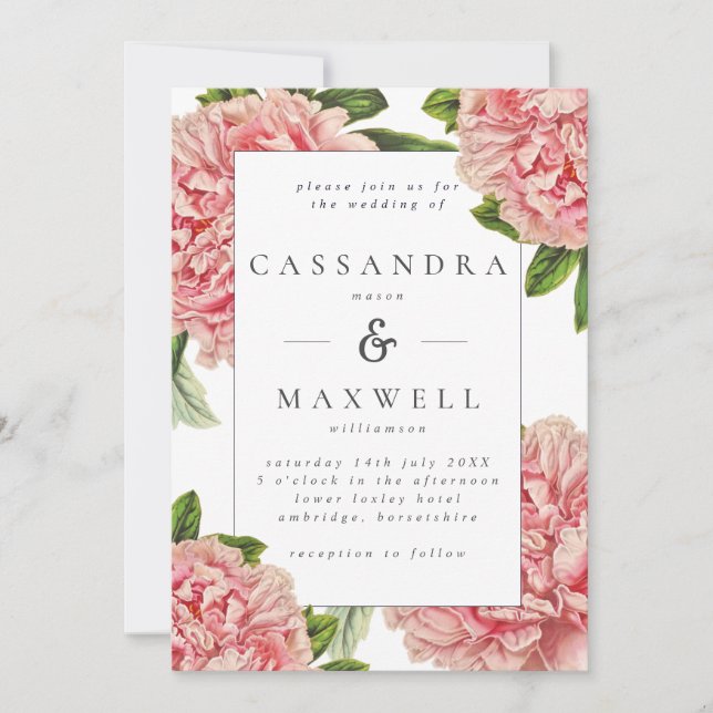 Invitation Mariage aquarelle botanique vintage Pivoines roses (Devant)