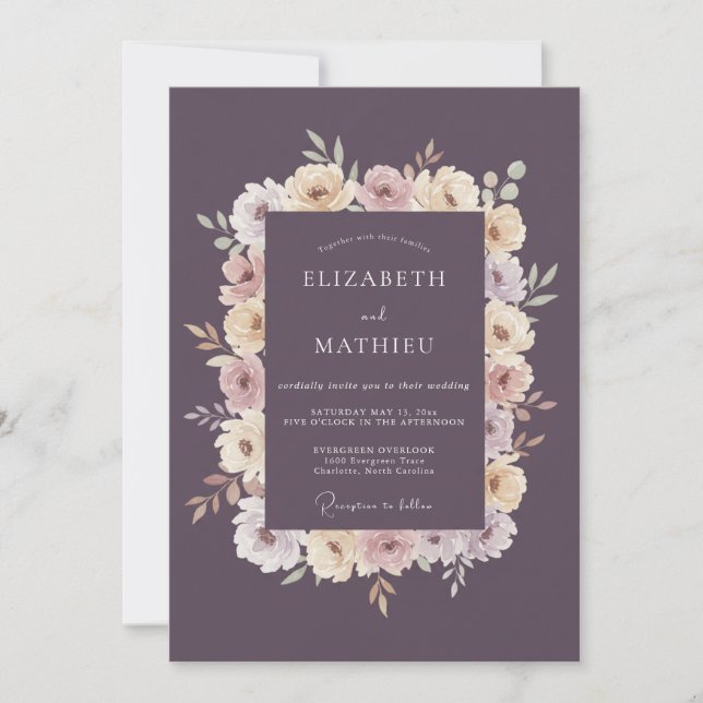 Invitation Mariage Aquarelle Botanique Violet Poussiéreux (Devant)