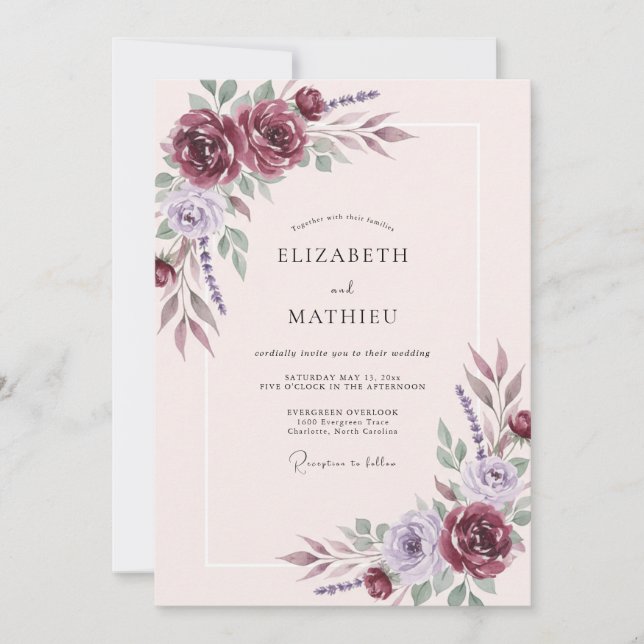 Invitation Mariage aquarelle botanique violet vin (Devant)