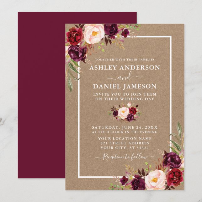 Invitation Mariage Aquarelle Bourgueil Floral Kraft (Devant / Derrière)