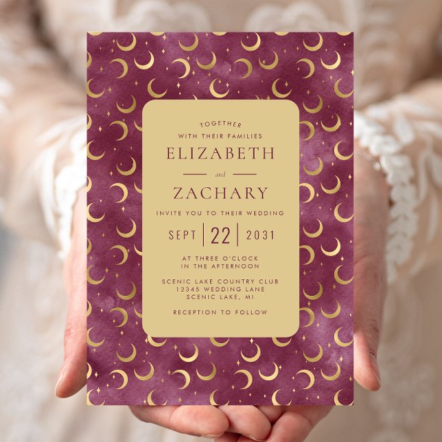 Invitation Mariage Aquarelle Céleste Bourgogne Lunes Dorées (Créateur téléchargé)