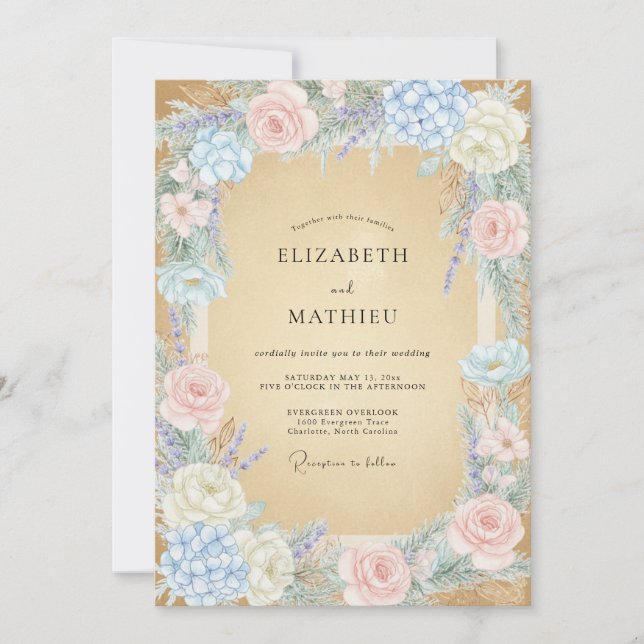 Invitation Mariage aquarelle Champagne Azure (Devant)