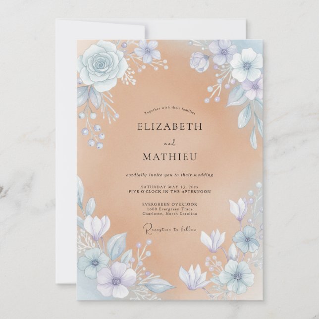 Invitation Mariage aquarelle Champagne et Pervenche (Devant)