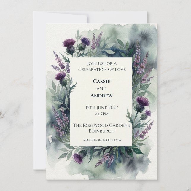 Invitation Mariage Aquarelle Chardon Violet Bruyère Maussade (Devant)