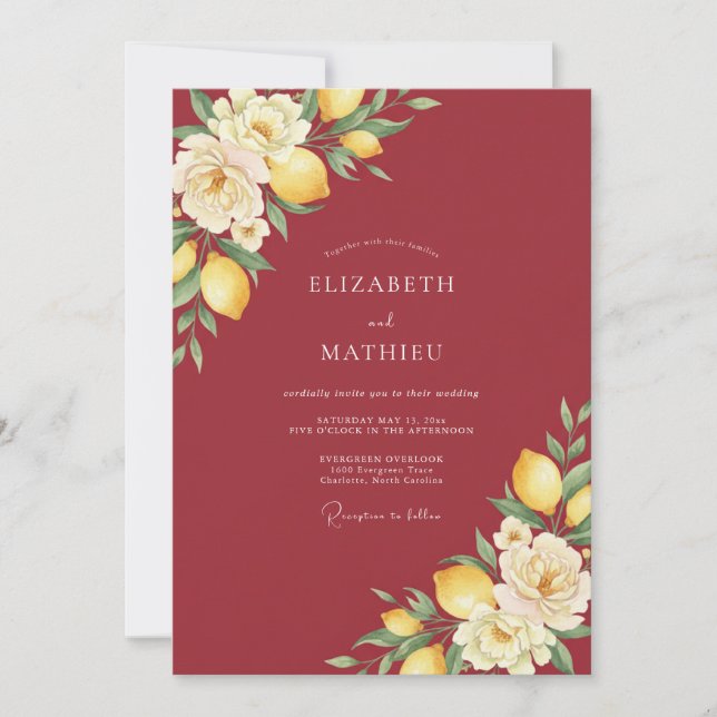 Invitation Mariage aquarelle citron cramoisi (Devant)