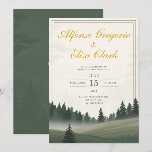 Invitation Mariage Aquarelle Classique de la Forêt Rustique V (Devant / Derrière)