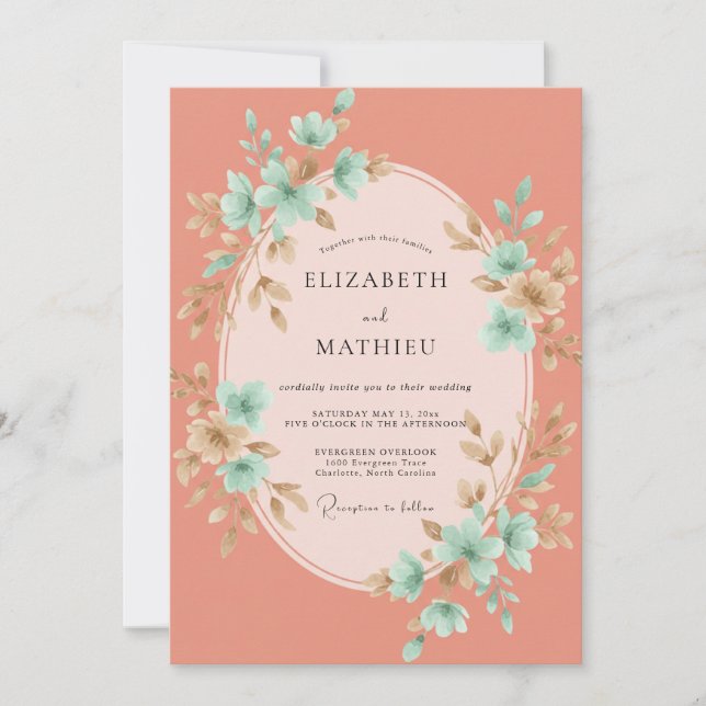 Invitation Mariage aquarelle corail aqua (Devant)
