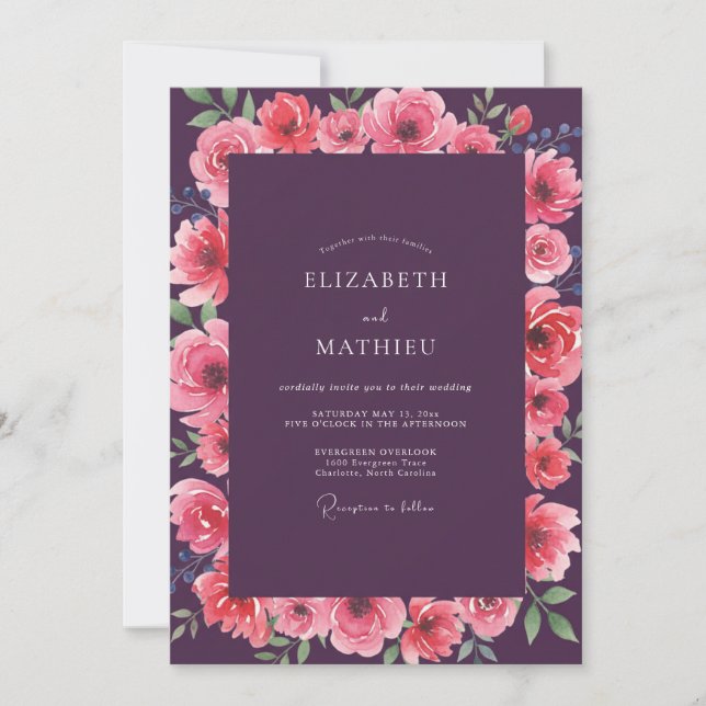Invitation Mariage aquarelle corail assourdi prune (Devant)