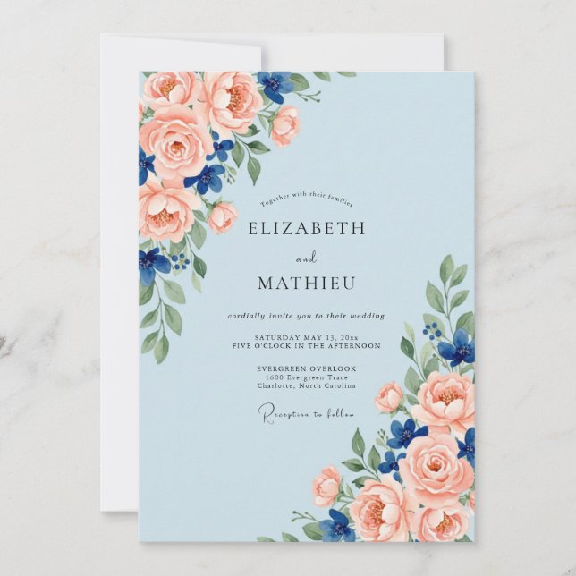 Invitation Mariage aquarelle corail azur (Devant)