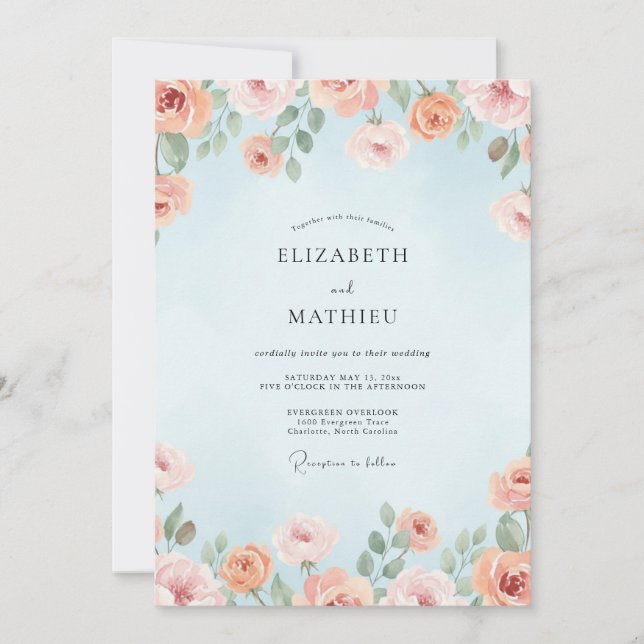 Invitation Mariage aquarelle corail céleste (Devant)