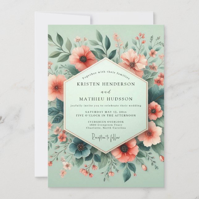 Invitation Mariage Aquarelle Corail Menthe Fleurie (Devant)