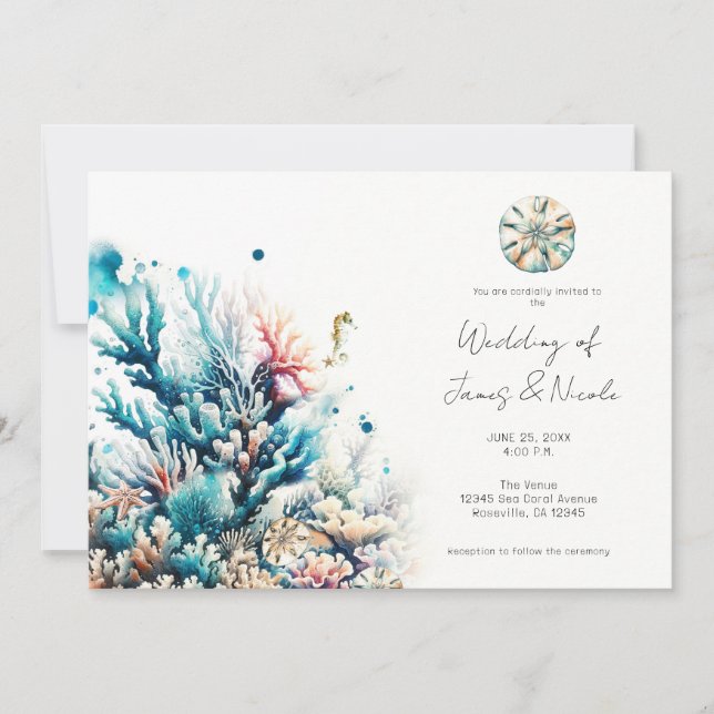 Invitation Mariage aquarelle Corail Ocean Splash (Devant)