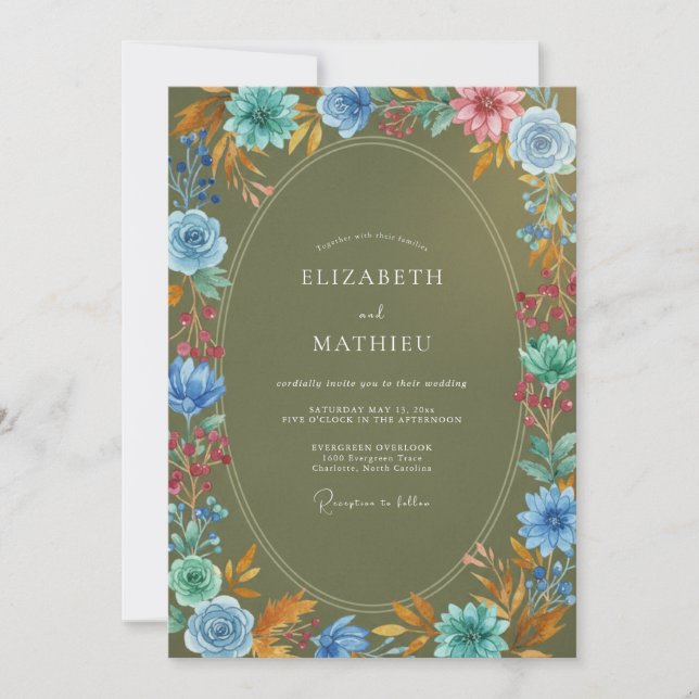 Invitation Mariage Aquarelle Corail Poussiéreux Olive (Devant)