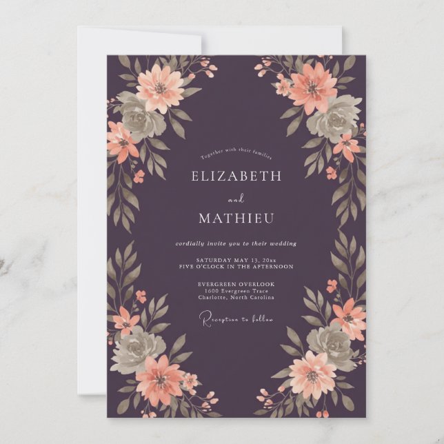 Invitation Mariage Aquarelle Corail Prune (Devant)