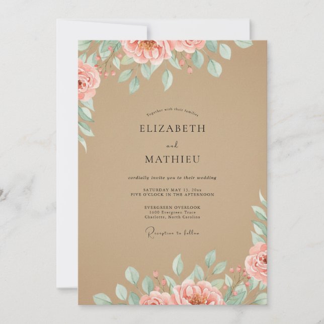 Invitation Mariage Aquarelle Corail Tan (Devant)