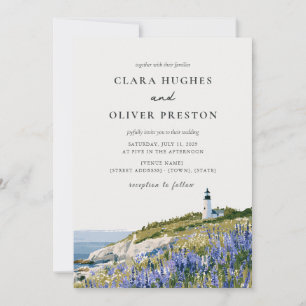 Invitation Mariage aquarelle côtière au phare et lupin du Mai