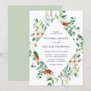 Invitation Mariage aquarelle cotons et feuilles d'eucalyptus