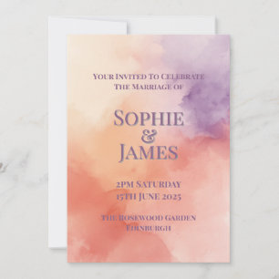 Invitation Mariage aquarelle coucher de soleil pêche violet o